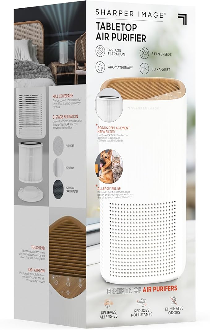 Sharper Image® Tabletop Air Purifier – 2 HEPA Filters & 13 Aromatherapy Pads| Quiet 3-Stage Filtration| 5 Air Changes Per Hour| Remove Dust Allergens Pollen Smoke Pet Fur| Home Office Odor Eliminator