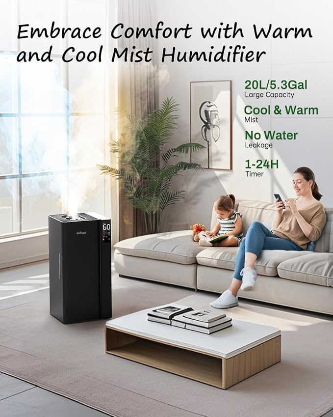 Mifasol Humidifier Large Room Warm and Cool Mist, 5.3Gal/20L Humidifiers for Home 1500 sq ft, Double Nozzles Whole House Humidifier, Humidifiers for Bedroom Plants Office Commercial Large Areas, Black