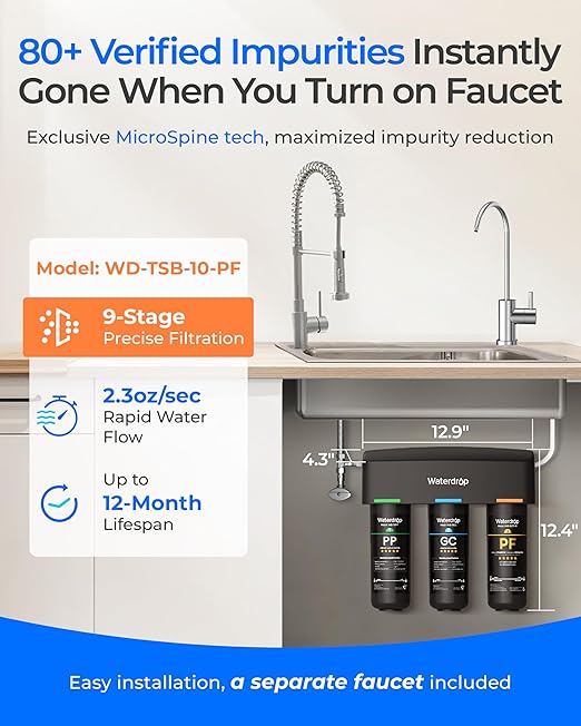 Waterdrop TSB-PF Under Sink Water Filter, 𝐑𝐞𝐝𝐮𝐜𝐞𝐬 𝟖𝟎+ 𝐈𝐦𝐩𝐮𝐫𝐢𝐭𝐢𝐞𝐬-Chlorine, Chloramine, Fluoride, PFAS, Taste&Odor, 9 Layer Under Sink Water Filtration System,with A Separate Faucet