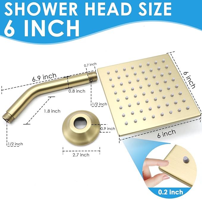 6 Inch Square Shower Head Stainless Steel High Pressure Rain Shower Heads with Extension Arm Adjustable Angle Replacement Luxury Shower Head for Modern Bathroom (Square, Brushed Gold)