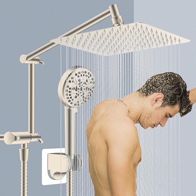 iFealClear Metal Rain Shower Head, 10” High Pressure Rainfall Shower Head with Handheld Spray Combo, 10-Spray Handheld Built-in Power Wash, 16" Shower Extension Arm, 3-Way Diverter, Brushed Nickel