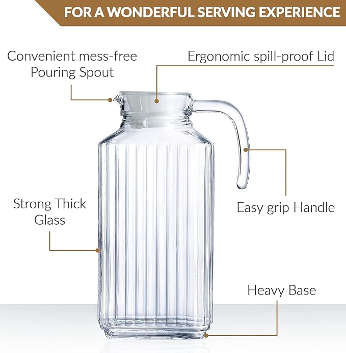 Glass Pitcher with Lid – Set of 2 Glass Water Pitcher 55Oz – Cold Carafe for Ice Tea, Water, Lemonade, Coffee – Elegant and Modern – Practical Spout Pitchers for Drinks