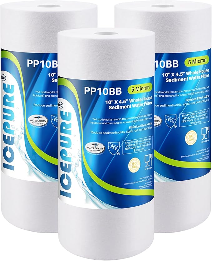 ICEPURE PP10BB 5 Microns 10" x 4.5" Whole House Sediment Water Filter Replacement Cartridge for Home, Compatible with RFC-BBSA, WFHD13001B, GXWH35F, GXWH30C, AP817, WHKF-GD25BB, 3 PACK