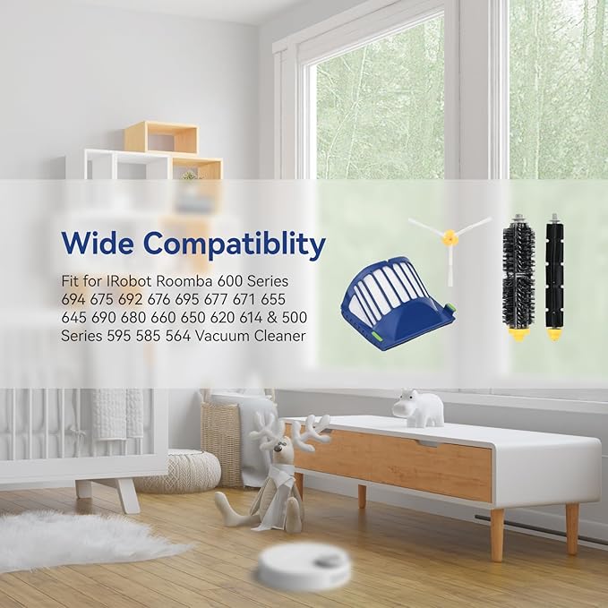 Replacement Accessories Kit for iRobot Roomba 600 Series 694 675 692 676 695 677 671 655 645 690 680 660 650 620 614 & 500 Series 595 585 564 robot- 6 Filter, 6 Side Brush and 3 Bristle Brush