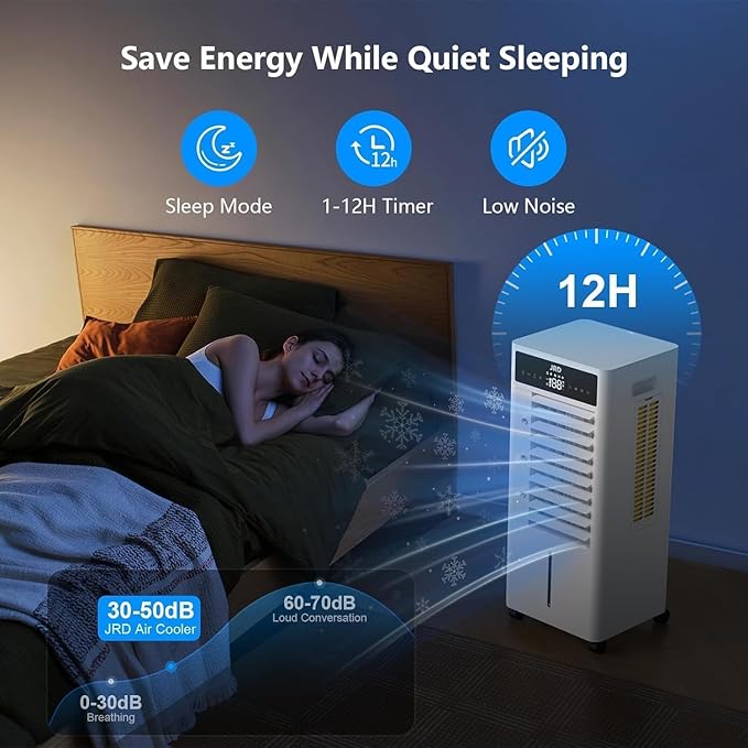JRD 3-IN-1 Evaporative Air Cooler, 80° Oscillation Air Cooler with 3 Speeds, 4 Modes, 12H Timer, 2.4Gal Tank, Remote, Portable Swamp Cooler for Bedroom Home Office Garage
