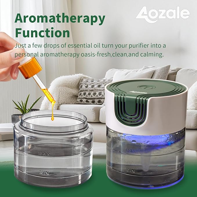 Aozale Water Air Purifier for Home, Quiet Variable Speed Water-Based Air Purifiers with LED Night Light, Essential Oil Aroma Diffuser, Humidifier & Freshener - for Home Pets Odors, Smoke (Green)