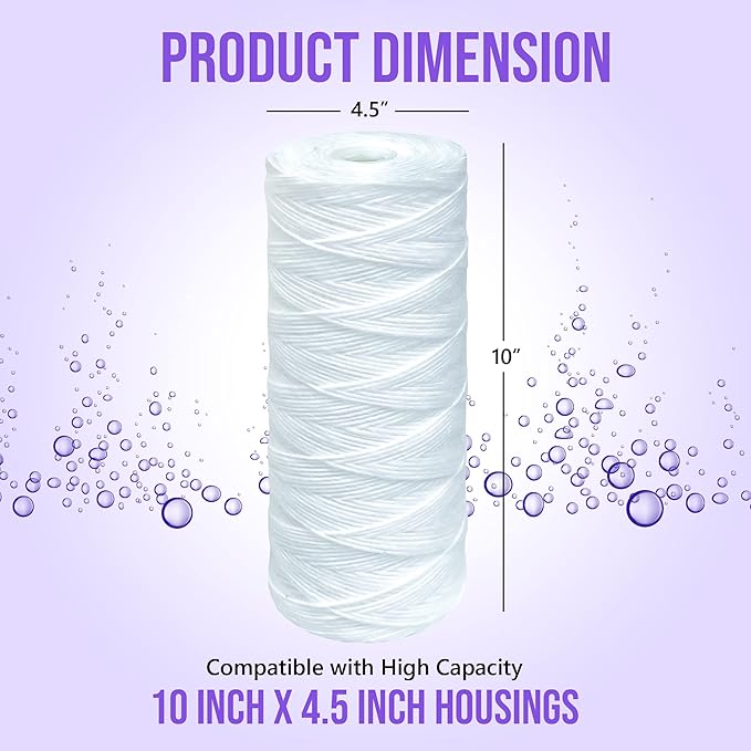 High Capacity Wound String 5 Micron Sediment Water Filter Cartridge 10” x 4.5” Removes Sand, Dirt, Silt, Rust, Extended Filter Life Compatible with 355215-45, 84637, PC10, WP1097P, WPX597P (6 Pack)