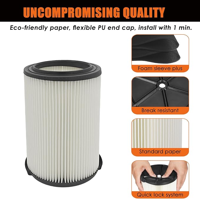 VF4000 Replacement Filter for Ridgid Shop Vacuums 5-20 Gallon, Universal VF4000 Filter Fits Rigid Wet Dry Vac/Husky Shop Vacuum Filter 6-9 Gallon with Foam Sleeves-1 Pack