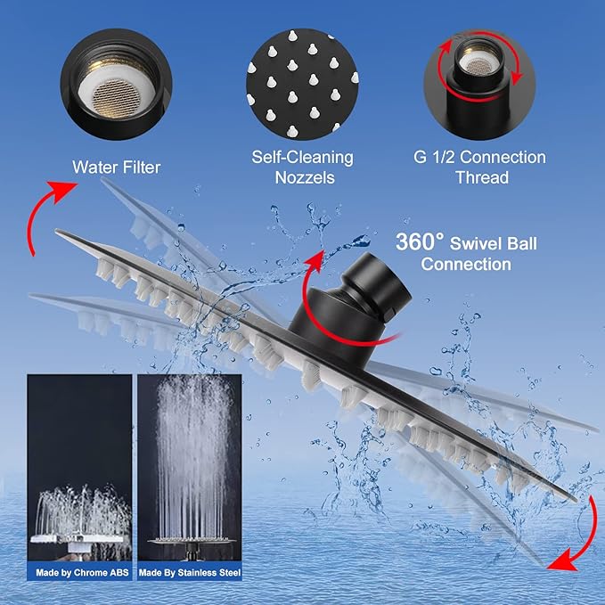 NearMoon Filtered Shower Head, High Pressure 8″Round Rain Shower and 5 settings Handheld Shower Filter Combo with Self-adhesive Holder/1.5M Hose -1 Replaceable Filter Cartridge (Matte Black)