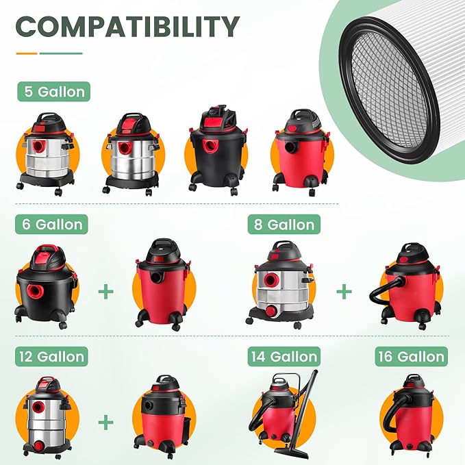90304 Replacement Filter Kit Compatible with Shop Vac Cartridge Filter 90350 90304 90333 90585, Fits Most 5 Gallon and above Wet Dry Vacuum Cleaner (2+2+4+1)
