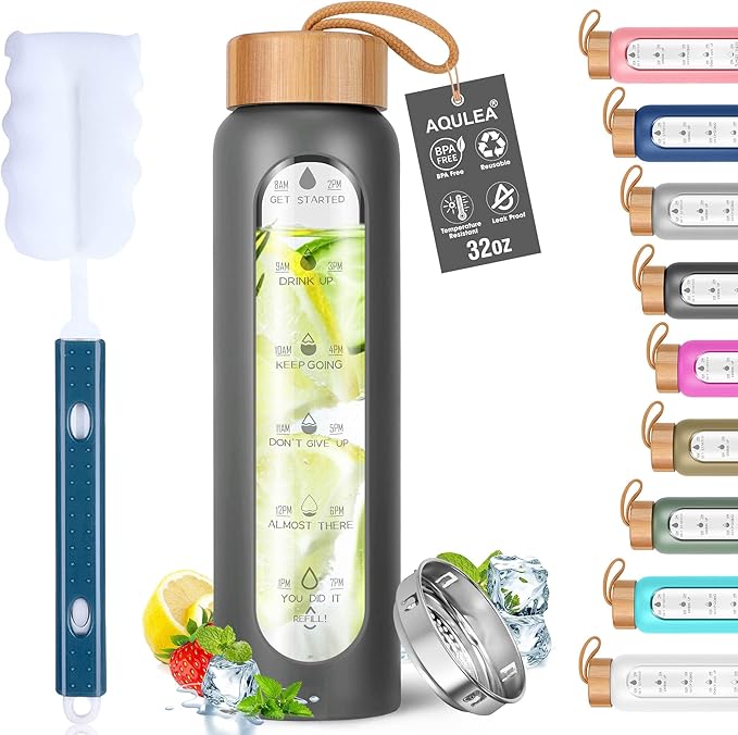 Aqulea Glass Water Bottles 32 Oz with Silicone Sleeve - BPA Free Reusable Wide Mouth Glass Motivational Water Bottles with Fruit Infuser – Leak Proof Borosilicate Water Bottle with Time Marker (Dark)
