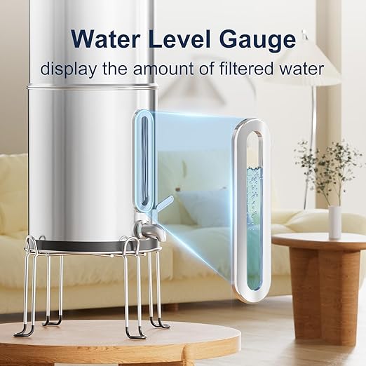 Purewell 1.5G Stainless-Steel Filter System with 4 Filters and Stand,8-Stage Gravity Water Filter System with Embedded Visual Water Level - Ideal for Kitchen, Reduce Fluoride and Chlorine
