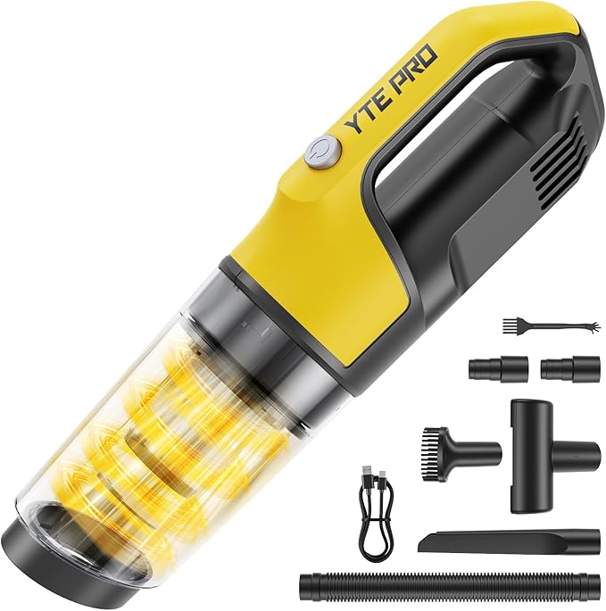 Handheld Vacuum Cordless 1.1 Pounds Car Vac 10000PA Hand Held Vacuums 4-in-1 Hand Vac Cordless Rechargeable HEPA Filter Large Capacity Dust Cup for Car Office Home Pets Hair (Lemon Yellow)