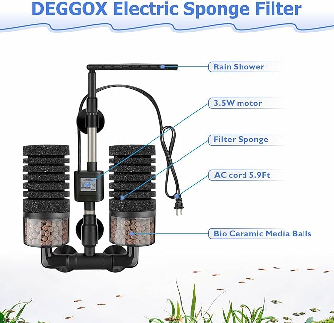 Aquarium Electric Sponge Filter with Submersible Water Pump Silence Motor for Shrimps,Bettas with Bio Ceramic Media Balls and 2 Spare Sponge,Venturi Nozzle and Rain Mode (S for 10-20 Gal)