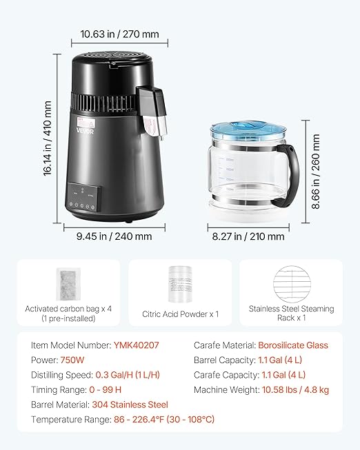 VEVOR Water Distiller, 4L 1.1 Gallon Pure Water Purifier Filter for Home Table Countertop, 750W Distilled Maker with Glass Pot, Stainless Steel Interior Drinking Machine to Make Clean Waters, Grey