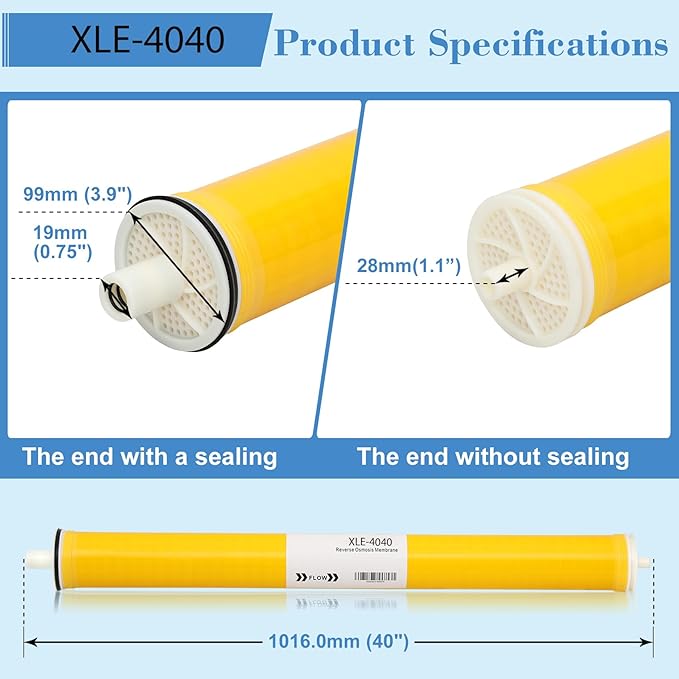 XLE-4040, XLE 4040 Reverse Osmosis Membrane for DOW Filmtec Membrane Replacement, 4 x 40 RO Membrane for Desalination, Commercial, Industrial, NSF Certified, Salt Rejection 99%, 2600GPD