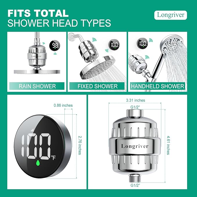 Tem8 Bathroom Shower Filter Fixture with Wireless Temperature Display | Hard Water Purifier 99.99% Remove Chlorine & Heavy Metals | Improve Skin & Hair Health | Chrome Hardware Accessories