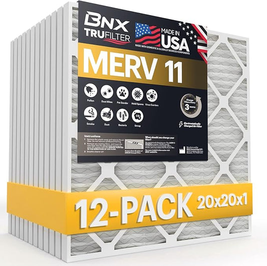 BNX TruFilter 20x20x1 Air Filter MERV 11 (12-Pack) - MADE IN USA - Allergen Defense Electrostatic Pleated Air Conditioner HVAC AC Furnace Filters for Allergies, Dust, Pet, Smoke, Allergy MPR 1200 FPR