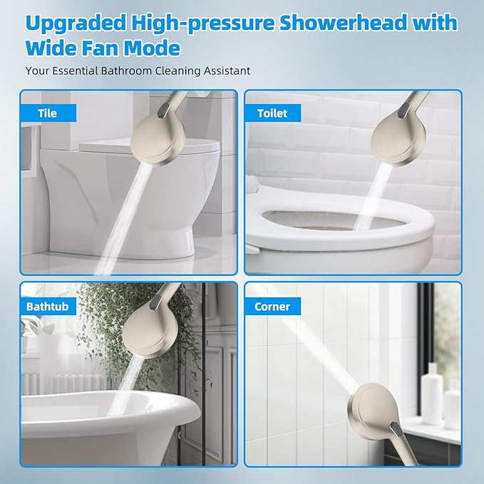 Hibbent All Metal Shower Head, 8'' High Pressure Rainfall Shower Head, Handheld Showerhead Combo with 12'' Adjustable Curved Extension Arm, 10-Spray, 71'' Hose, Showerhead Holder, Brushed Nickel