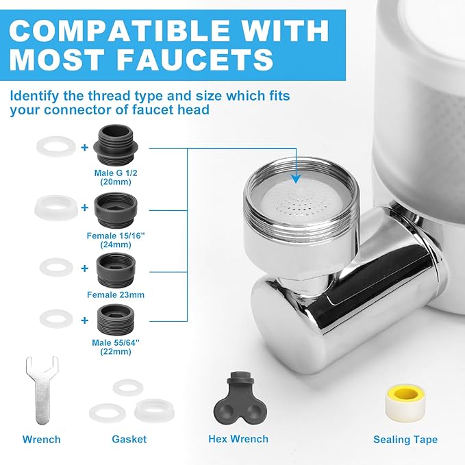 Sink Water Filter Faucet, 720 ° Rotating Kitchen Faucet Water Purifier, Bathroom Faucet Filter Removes Chlorine Fluoride Heavy Metals Hard Water for Home, Kitchen & Bathroom