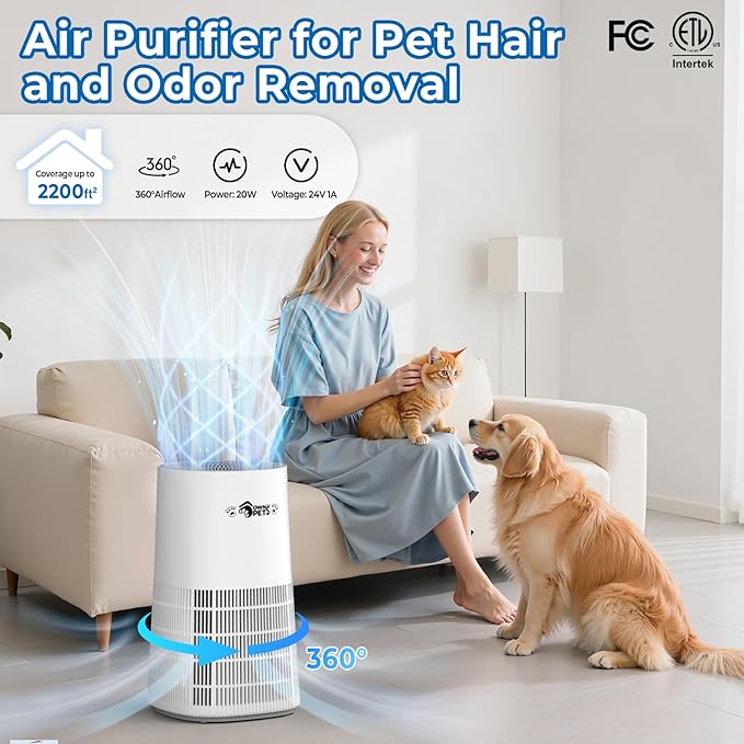 Ownpets Pet Air Purifier with HEPA and Activated Carbon Filter, 5-in-1 Washable Filter for Large Room Up to 2200 ft², Air Quality Monitor, Quiet Air Cleaner for Pet Hair Dander Odor Pollen