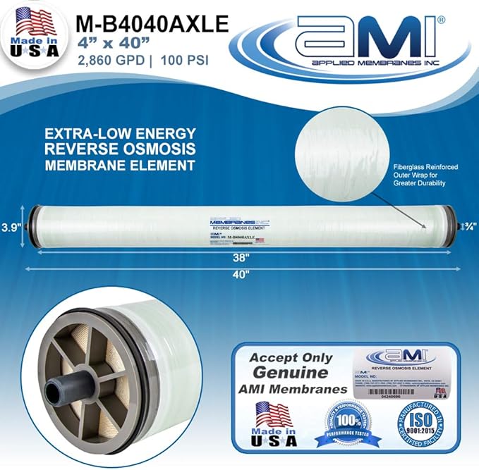 4x40 Extra-Low Energy Membrane Element for Tap or Brackish Water | 2,860 GPD at 100 psi | 99% Rejection | Replacement Commercial RO Membrane | Applied Membranes USA M-B4040AXLE