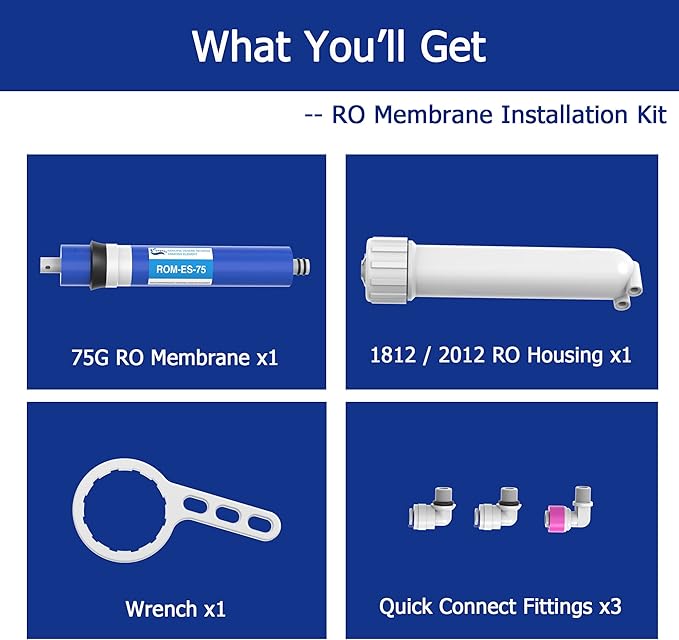 75 GPD RO Membrane Filter Replacement with Reverse Osmosis Membrane Housing, Wrench, 1/4" Quick-Connect Fitting, Check Valve, Fit Under Sink RO Home Drinking Water Filter Filtration Purifier System