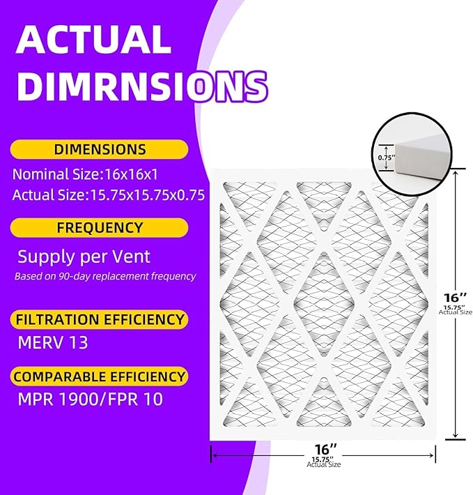 16x16x1 MERV 13 (4-Pack) Pleated Air Filter (Actual Size: 15.75"x15.75"x0.75") MPR 1900 & FPR 10, Furnace Air Filters,16x16x1 air filter
