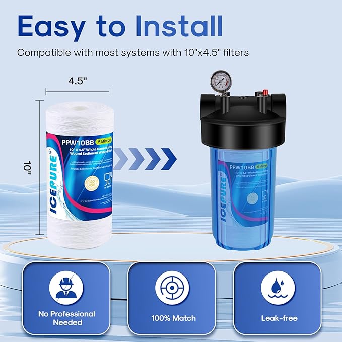 ICEPURE 5 Micron 10”*4.5'' Whole House Sediment String Wound Water Filter Replacement filter for 84637, WPX5BB97P, PC10, 355214-45, 355215-45, WP10BB97P, WP5BB97P, 3PACK