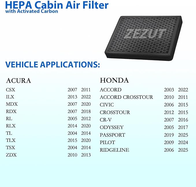 Cabin Air Filter CF10134 for Honda: 2007-2016 CR-V, 2006-2015 Civic, 2003-2023 Accord, 2009-2023 Pilot, Odyssey, Crosstour, Passport, Acura: ILX, MDX, RDX, Durable with Activated Carbon Beads (1 Pack)