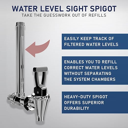 USWF Gravity Fed Water Filter System, 2.25 Gal Stainless Steel, w/ 2 Carbon Filters, 2 Fluoride Filters, Portable w/Metal Sight Glass Spigot & Stand, NSF/ANSI 372 Certified