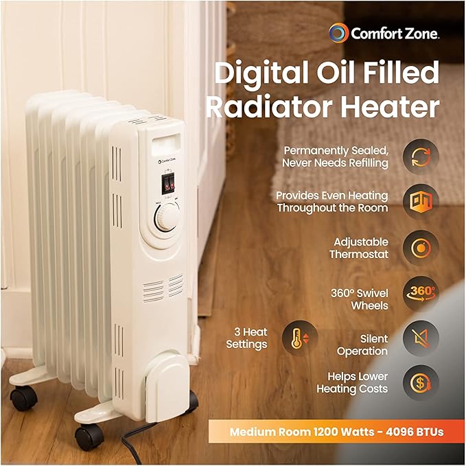 Comfort Zone Electric Oil-Filled Radiant Radiator Space Heater, Never Refill, Adjustable Thermostat, Tip-Over Switch & Overheat Protection System, Ideal for Home, Bedroom, & Office, 1,200W, CZ7007J