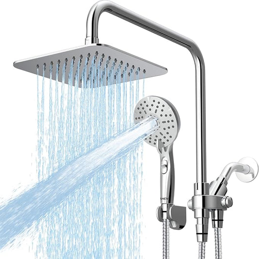 8" Dual Shower Head Combo, Rainfall Shower Head with Handheld, 6 Spray Settings Angle Adjustable Handheld Shower Head with Pause, Height Adjustable, Chrome Silver