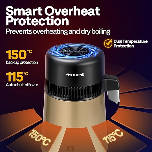 VIVOHOME Water Distiller Countertop 1.1 Gallon/4L 304 Stainless Steel Distilled Water Machine with Smart Switch Purifier Filter for Home Officek, Champagne