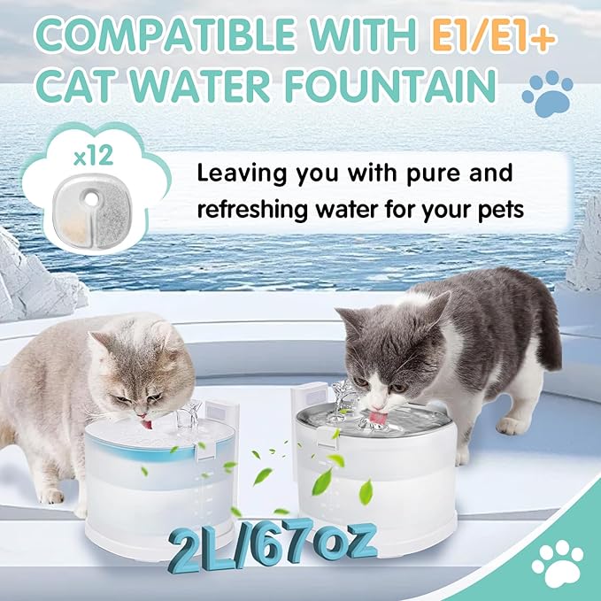 12 Packs Cat Water Fountain Filter Replacements Compatible with E1/E1+ Cat Fountain (2L/67oz), Triple Filtration System Pet Water Dispenser Filter