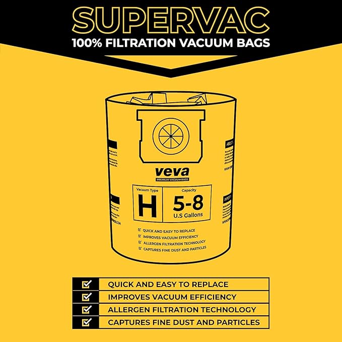 20 Pack, 5-8 Gallon Filter Bags for Shop Vac Vacuum - Type H 90671 - High-Efficiency Vacuum Bags