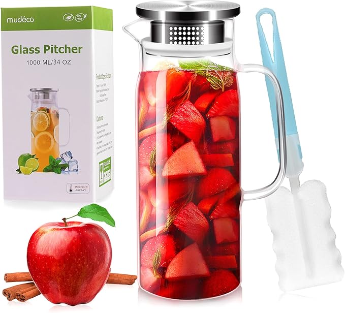 Glass Pitcher, 34 oz / 1 Liter Glass Pitcher with Lid, Glass Water Pitcher, Glass Carafe with Lid