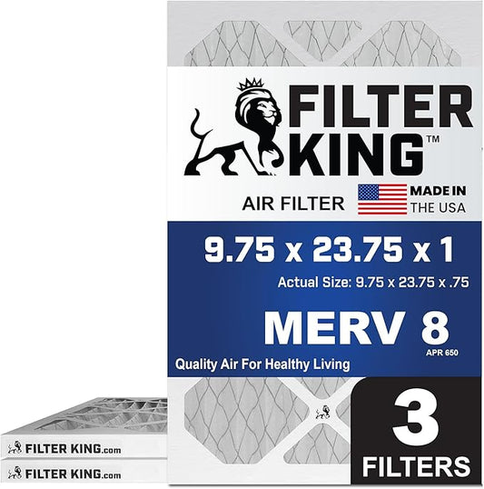 Filter King 9.75x23.75x1 Air Filter | 3-PACK | MERV 8 HVAC Pleated A/C Furnace Filters | MADE IN USA | Actual Size: 9.75 x 23.75 x .75"