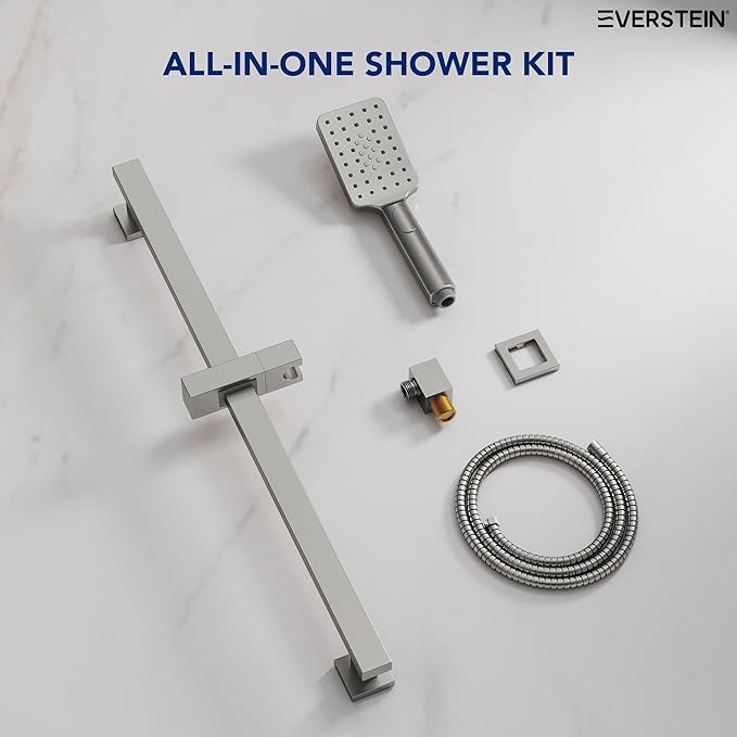 EVESTEIN Adjustable Hand Held Shower with Slide Bar, 3-Function Handshower Head with Hose, Brushed Nickel