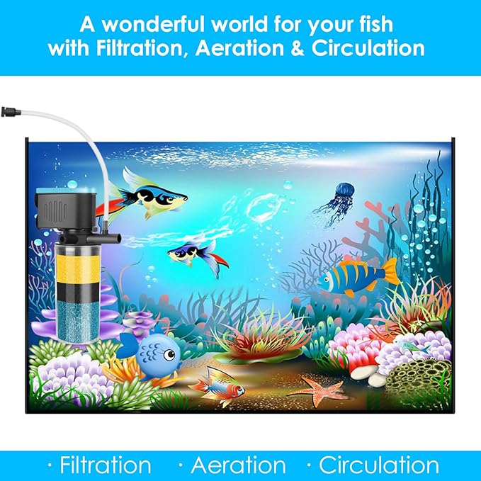 AquaMiracle Submersible Aquarium Filter 3-Stage in-Tank Filter with Dual Water Outlet & Aeration, 130GPH Internal Fish Tank Filter for 10-30 Gallon Aquariums