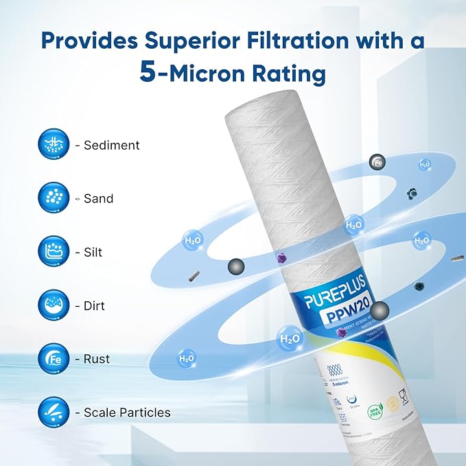 PUREPLUS 5 Micron 2.5" x 20" Whole House String Wound Sediment Filter for Well Water, Replacement Cartridge for Aqua Pure AP110-2C, Pentek P1-20/SP-P1-20/PX01-20, Watts FPMB5-20, WPP-F20-5, 6Pack