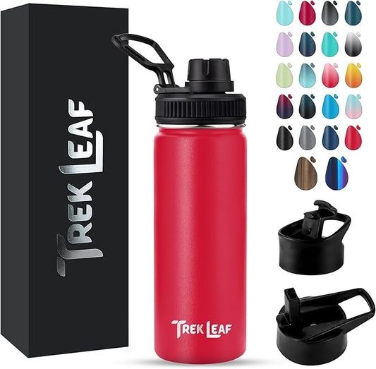 Travel Water Bottle with 3 Lids (Spout, Straw, Flip) Leak Proof, Quality, Vacuum Insulated, Stainless Steel (Red, 18 oz)