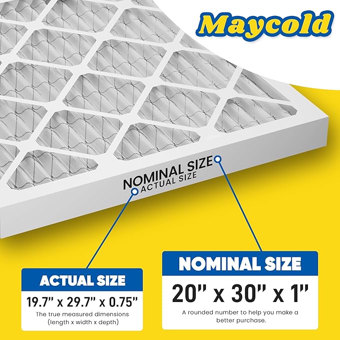Maycold 20x30x1 MERV 8 Furnace Air Filters (6-Pack), Pleated HVAC AC Filter for Home or Office – Traps Dust, Lint & Pet Hair, Actual Size 19.70 x 29.70 x 0.75，Individually Wrapped in Plastic