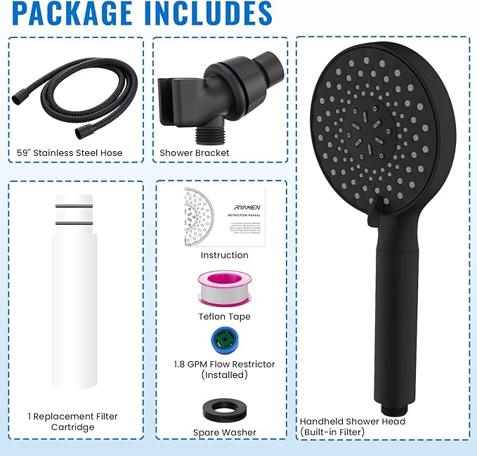 Filtered Shower Head with Handheld, High Pressure 9-Spray Modes Detachable Shower Head with Filter for Hard Water-Remove Chlorine & Impurities, Improve Skin & Hair Health, Matte Black