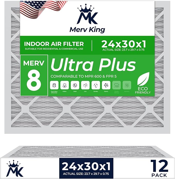 MervKing 24x30x1 Air Filter Actual Size: 23.7" x 29.7" x 0.75" MERV 8 MPR 600-700 | MADE IN USA | 12-Pack | Pleated HVAC AC Furnace Replacement