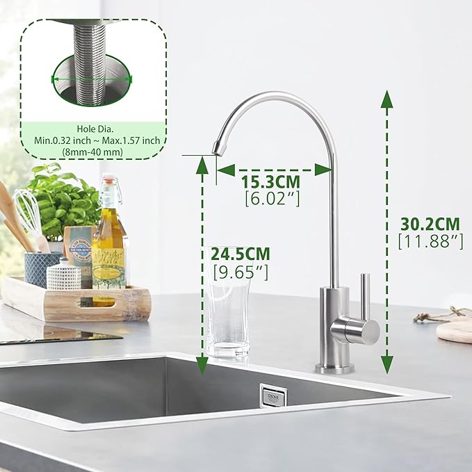 Drinking Water Faucet Brushed Nickel, Kitchen Water Filter Faucet Stainless Steel for Reverse Osmosis or Water Filtration System Beverage Non Air Gap RO Faucet for Kitchen Bar Sink.