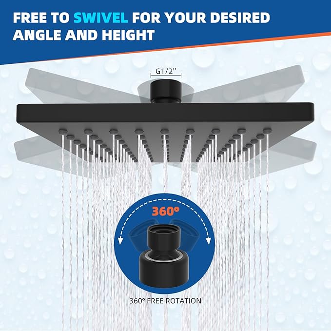 Hibbent Thickness Metal Rain Shower Head, 6'' High Pressure Rainfall Shower Head, Square Bathroom Waterfall Shower Heads, High Flow Fixed Showerheads with Adjustable Brass Ball Joint, Matte Black