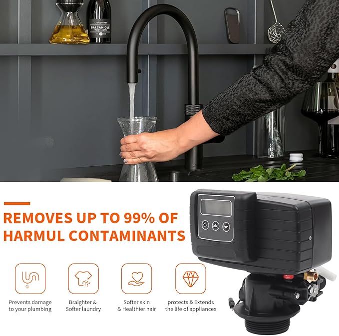 Whole House Water Softener Valve 48,000 Grains - High Performance Automatic Digital Metered Control Head,Reduces Hardness & Minerals - Improve Water Quality - for 1-2 bathrooms