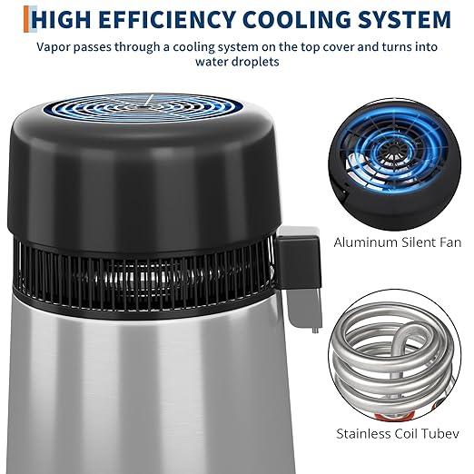 GarveeHome Water Distillers for Home Countertop, 1Gal/4L Stainless Steel Distilled Water Machine with Glass Container, 750W Desktop Drinking Purifier Filter Distilling Kit, Silver