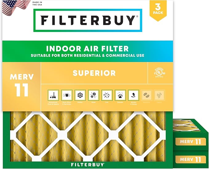 Filterbuy 18x18x2 Air Filter MERV 11 (MPR 1200) Allergen Defense Replacement (3-Pack), Electrostatic Pleated HVAC AC Furnace Filters, Made in USA (Actual Size: 17.75 x 17.75 x 1.75)